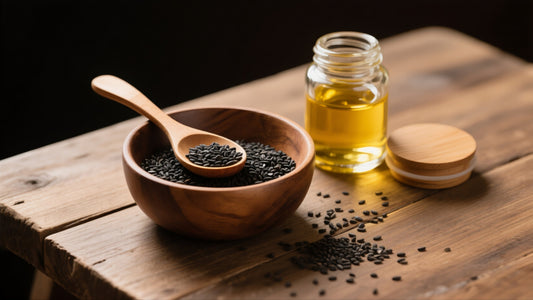Black seed oil capsules and black cumin seeds on a table, highlighting the antioxidant benefits of black seed oil for immunity, digestion, and omega 3 6 9 support.