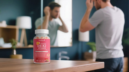 Person standing in front of a mirror with Mulittea Vitamin D3 + K2 Capsules on the countertop, illustrating a simple and effective daily vitamin D3 K2 supplement routine for bone, heart, and immune support.