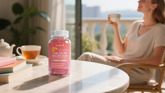 woman enjoying quiet self care routine with calcium magnesium zinc gummies