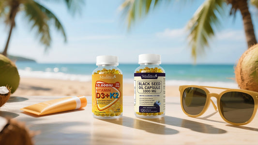 Vitamin D3+K2 and black seed oil capsules, alongside sunglasses and sunscreen, representing comprehensive summer health and sun protection.