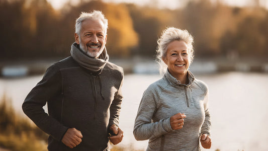 Active seniors running outdoors: Lifestyle tips and sarcopenia supplements for natural ways to increase bone density and reduce joint pain.