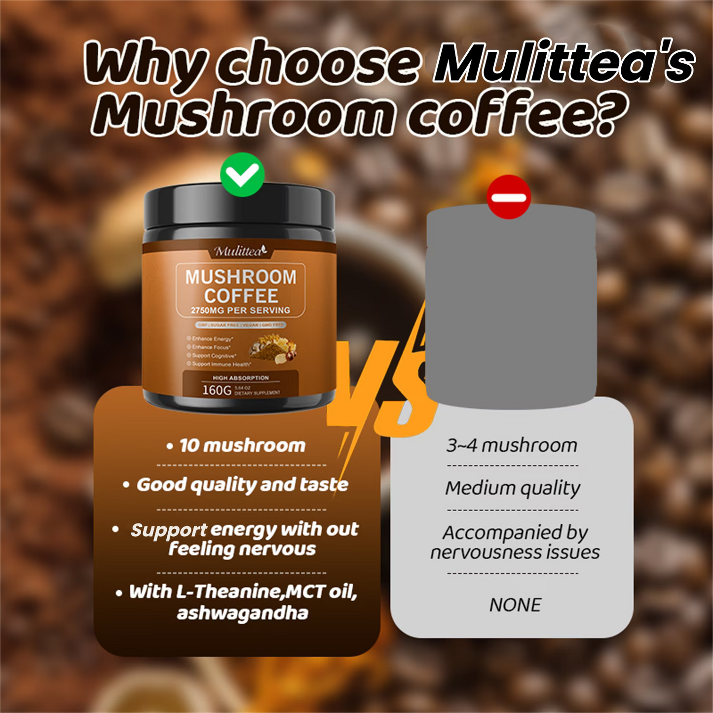 Mulittea Mushroom Coffee with Ashwagandha & Collagen – Lion's Mane, Cordyceps & Chaga Blend for Energy & Immune Support, Focus & Mental Clarity - Sugar-Free Instant Coffee Powder -100 Servings