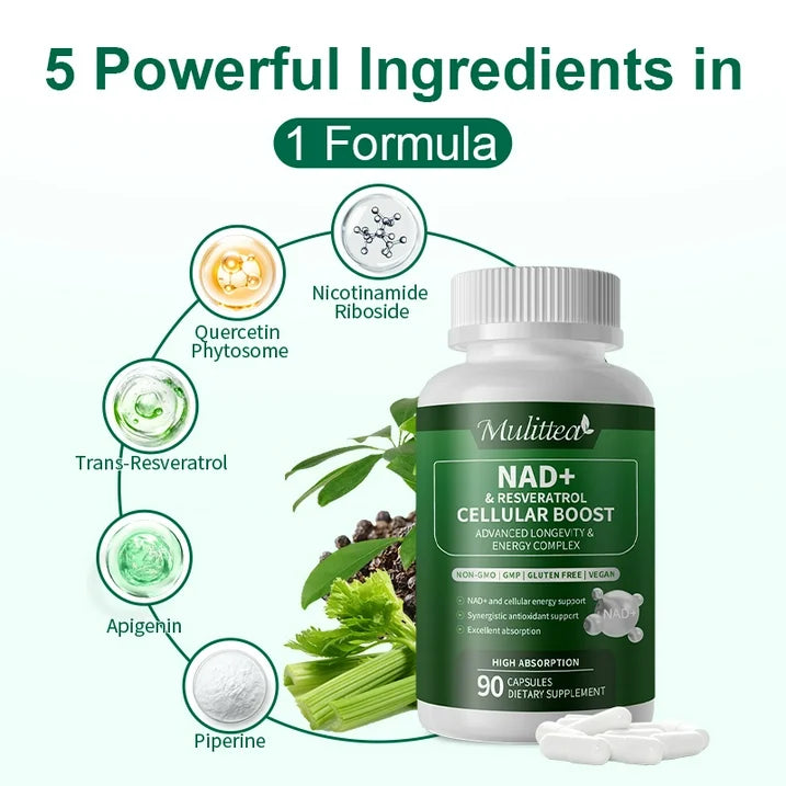 Mulittea Nicotinamide Riboside Complex Capsules with Quercetin, Resveratrol, NAD+ Supplement, 90 Vegan Capsules for Cellular Energy Support & Metabolic Health