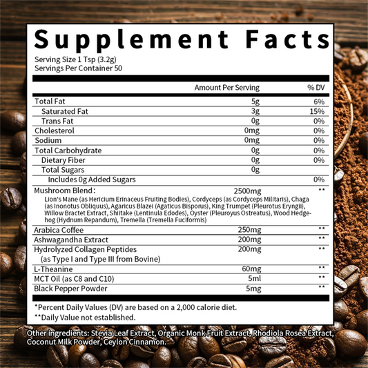 Organic Mushroom Coffee with Ashwagandha & Collagen – Lion’s Mane, Cordyceps & Chaga Blend for Energy & Immune Support, Focus & Mental Clarity, 2500mg Superfood Blend, 100 Servings