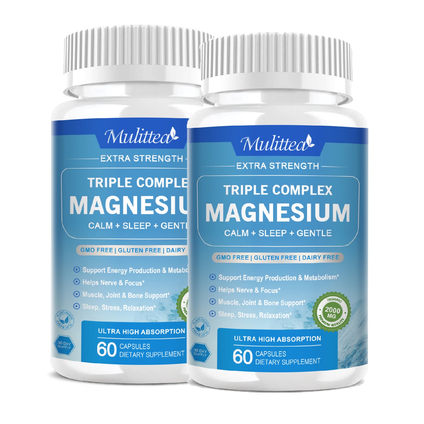 (2 Pack)2000mg Triple Magnesium Complex - With Magnesium Glycinate, Malate, & Citrate for Muscles, Nerves, & Energy | High Absorption | Vegan, Non-GMO | 60 Capsules