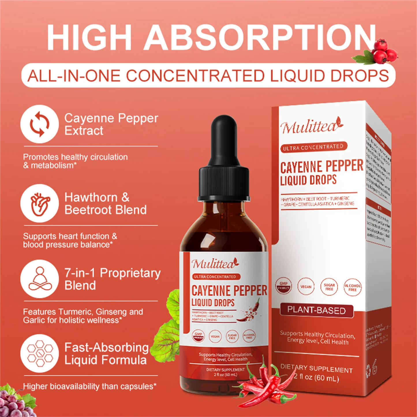 Cayenne Pepper Drops Supplement Liquid, Cayenne Pepper Extract with Hawthorn, Beet Root Powder, Turmeric Curcumin, Organic Ginseng, Garlic Extract, 1 Pack By Mulittea