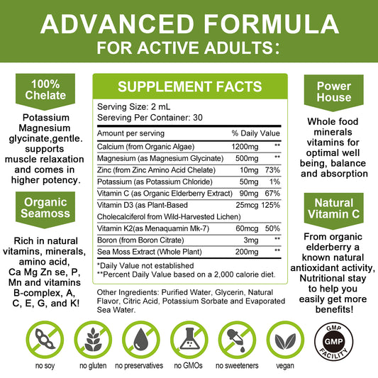 Calcium Magnesium Zinc Liquid Drop - Plant Calcium Supplement Plus Magnesium Glycinate 500mg,VIT C,D3 K2,Potassium & Superfood for Bone, Muscles, Mood & Zzz Support -Sugar-Free (2 Pack)