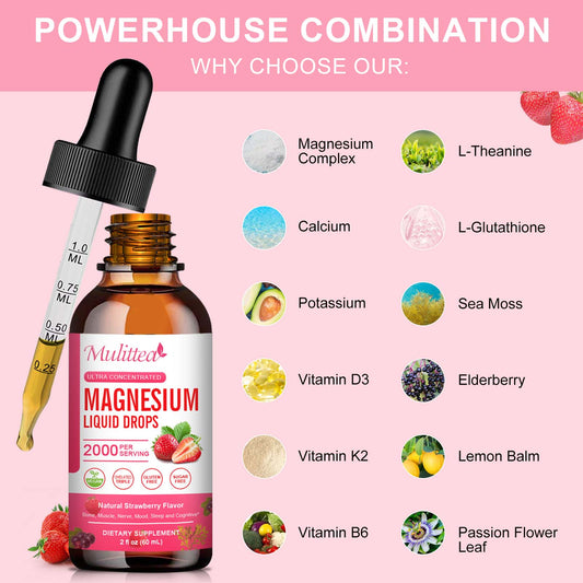 (2 Pack) Magnesium Supplement, 1000mg with High Potency Magnesium 500 Glycinate & 500mg Citrate, Sugar Free, Strawberry Liquid Drops Promotes Nerv,Relaxation,Muscle Sleep Support