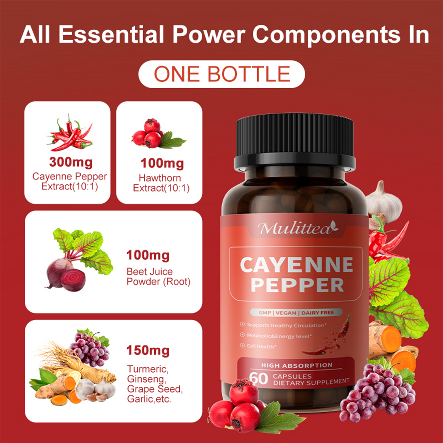 Advanced Heart & Blood Flow Support | 12-in-1 Formula with Nattokinase 20,000FU, Hawthorn, Cayenne Pepper | Non-GMO Vegan Capsules By Mulittea