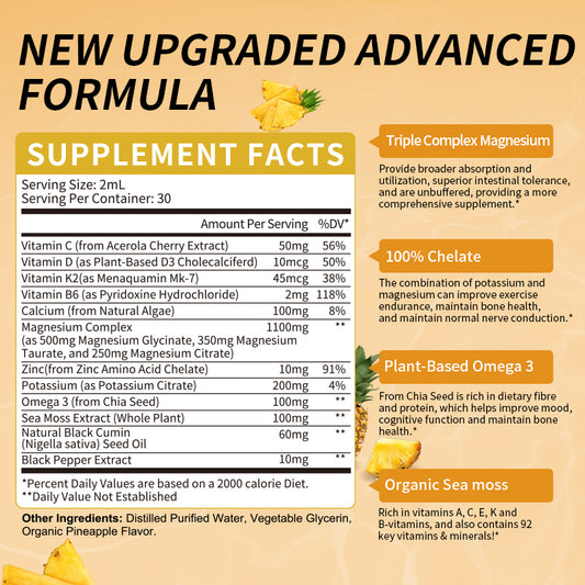 Mulittea® Pineapple Flavored Potassium Magnesium Liquid Drops - Ultra Concentrated for Sleep, Muscle Cramps & Heart Health - 95% High Absorption (2oz)