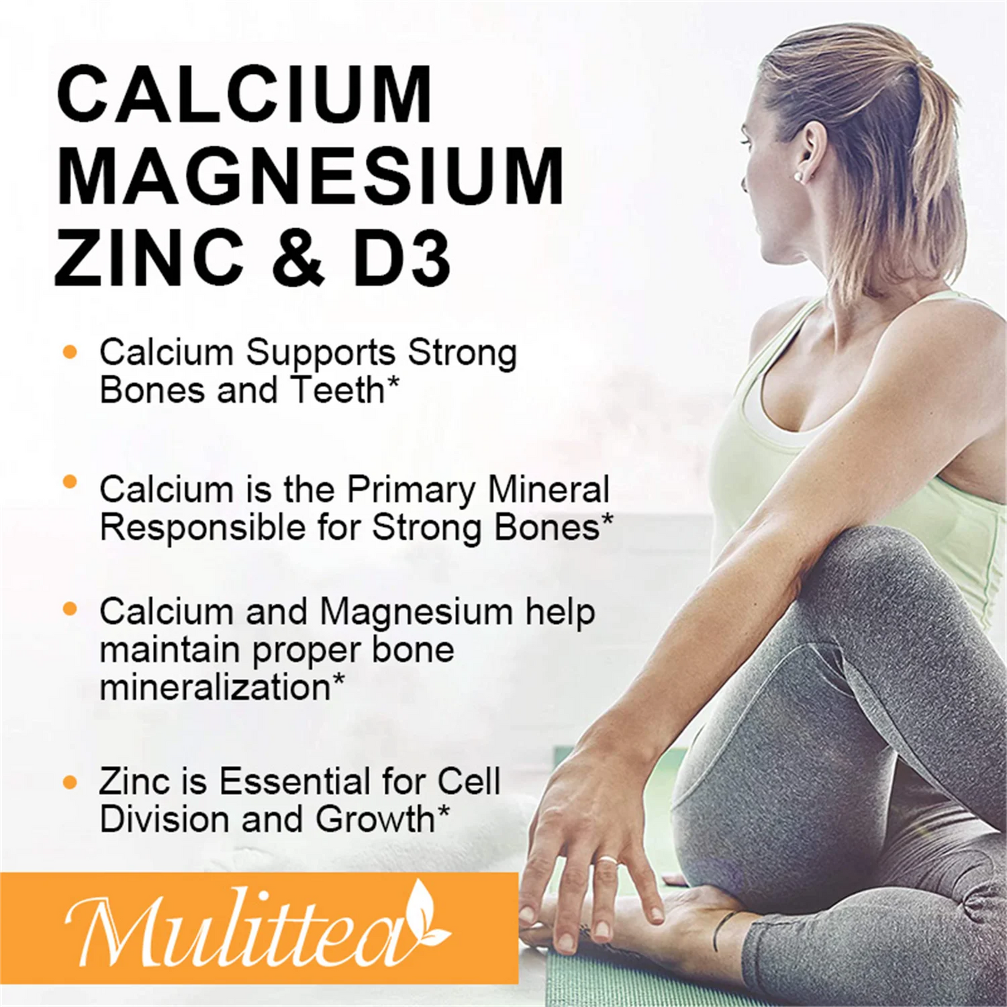 Mulittea Calcium Magnesium Zinc with Vitamin D3 Supplement, Strong Bones, Teeth & Heart, Easy to Swallow, 240 Capsules