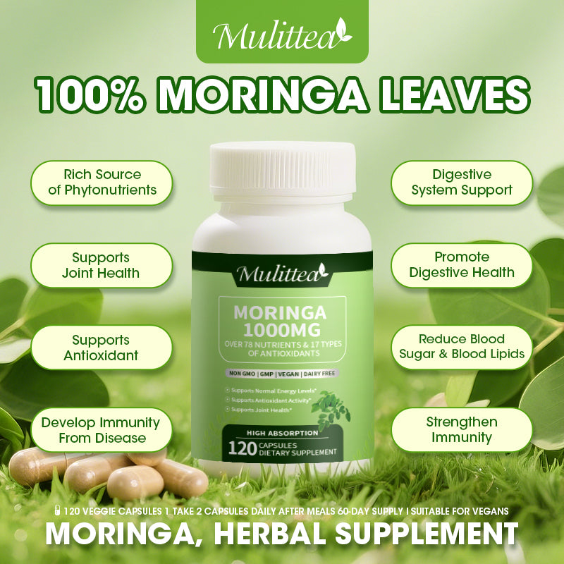 Moringa Capsules 1000mg, Rich Moringa Powder with Turmeric, Green Tea, Ginger, Natural Antioxidant Supplement, Supports Energy, Skin Health, Gut Health, 60 Capsules