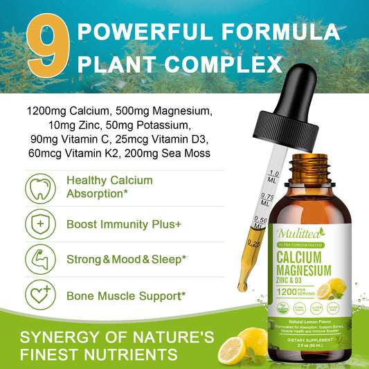 Calcium Magnesium Zinc Liquid with Vitamin D3, Magnesium Glycinate Drops Plus Vitamin C K2, High Absorption Plant Calcium Supplement for Heart & Bone, Lemon Flavor