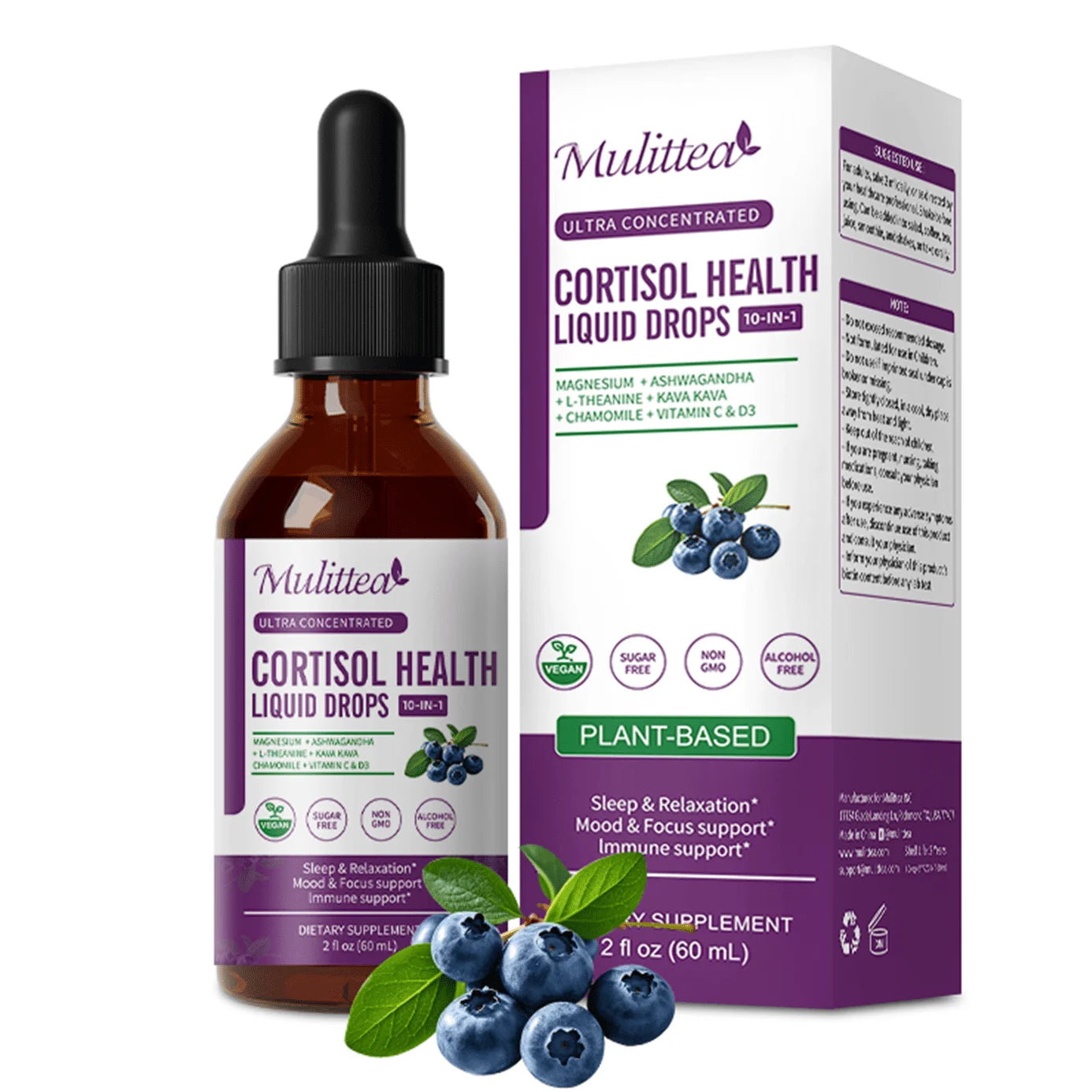 Cortisol Supplements for Women Men, Cortisol Reducer Detox Manager w/ Magnesium, Ashwagandha, L-theanine, Hormone Balance Liquid Drops Mood, Focus, Sleep Support - 2 Fl.oz, Blueberry Flavor