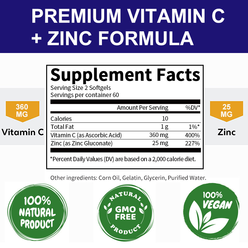 Vitamin C with Zinc – 1000mg Vitamin C + 20mg Zinc for Immune Support, Antioxidant & Energy – Vegan Capsules
