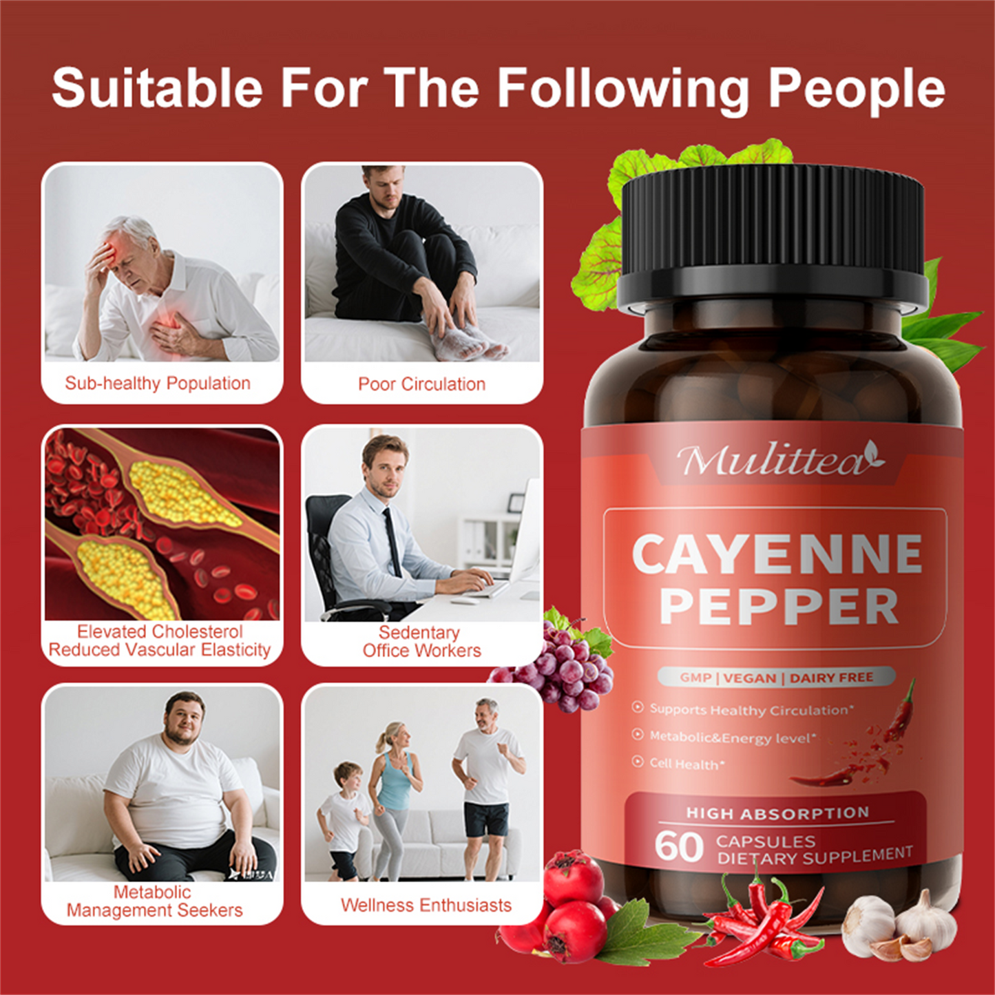 Advanced Heart & Blood Flow Support | 12-in-1 Formula with Nattokinase 20,000FU, Hawthorn, Cayenne Pepper | Non-GMO Vegan Capsules By Mulittea