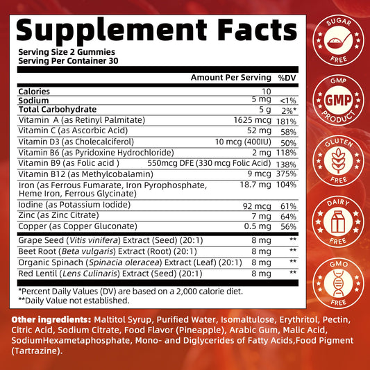 Multivitamin Gummies for Women w/ Iron, Iodine, Zinc, Folate, Daily Multivitamin Gummy w/ Vitamin A, C, B, D3, for Hair, Skin, Nails, Energy, Immune Health, Sugar Free-Pineapple Flavor, 60 Count