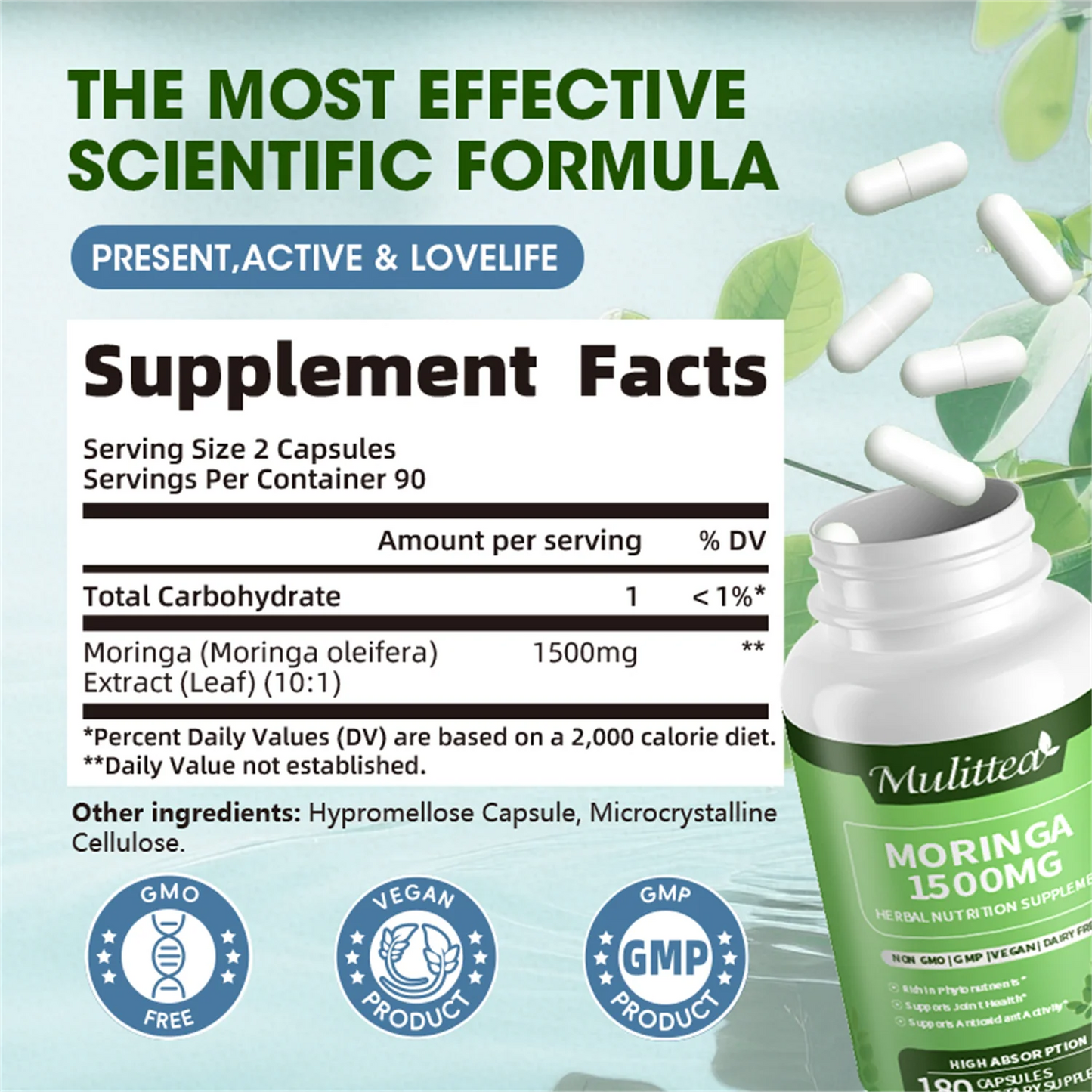 Moringa Oleifera 180 Capsules - 1500mg Pure Moringa Powder Organic - Non GMO, Gluten Free - Superfood Antioxidant Supplement - Energy, Metabolism and Immune Support, 3 Month Supply