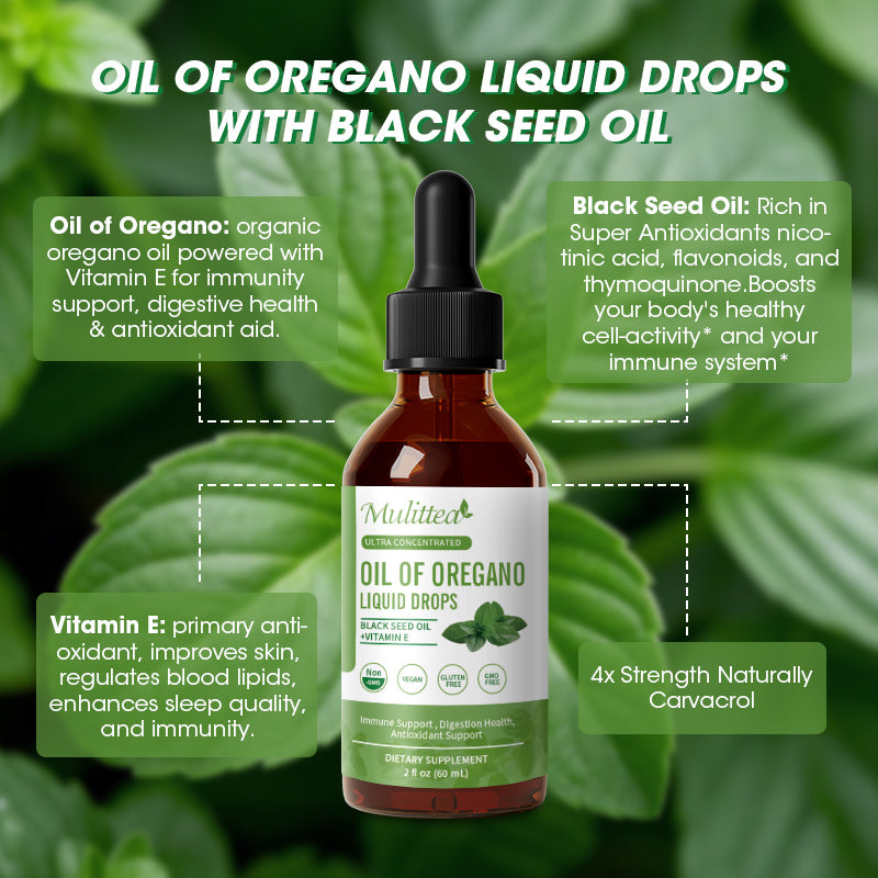 Oregano Oil Drops – 80% Carvacrol, Black Seed & Vitamin E | Immune, Digestive & Antioxidant Support | 2 fl oz Vegan Liquid Supplement