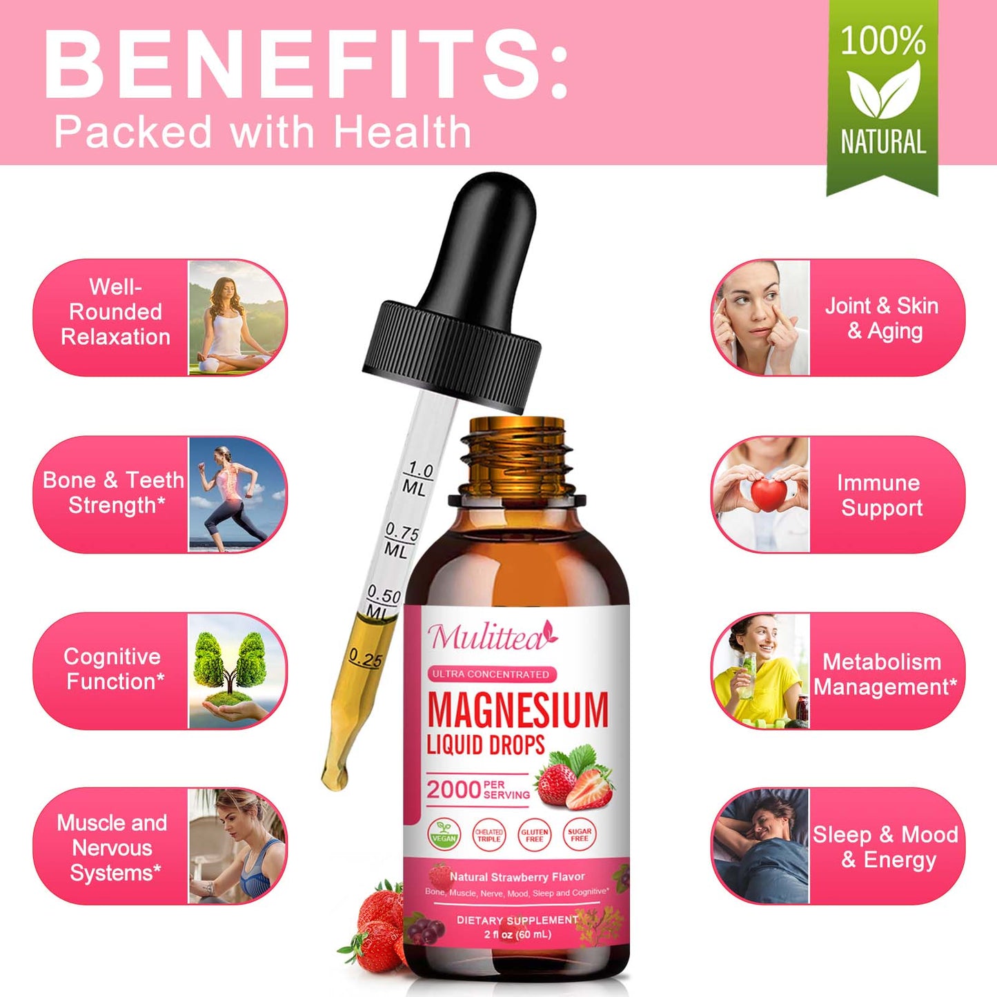 (2 Pack) Magnesium Supplement, 1000mg with High Potency Magnesium 500 Glycinate & 500mg Citrate, Sugar Free, Strawberry Liquid Drops Promotes Nerv,Relaxation,Muscle Sleep Support