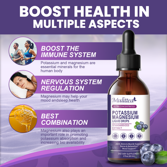 Mulittea® Potassium Magnesium Liquid Drops - Ultra Concentrated for Sleep, Muscle Cramps & Heart Health - 95% High Absorption, Vegan, Blueberry Flavor (2oz)