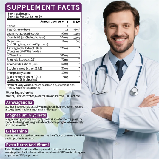 Cortisol Supplements for Women Men, Cortisol Reducer Detox Manager w/ Magnesium, Ashwagandha, L-theanine, Hormone Balance Liquid Drops Mood, Focus, Sleep Support - 2 Fl.oz, Blueberry Flavor