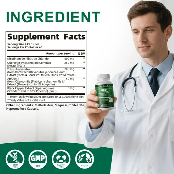 Mulittea Nicotinamide Riboside Complex Capsules with Quercetin, Resveratrol, NAD+ Supplement, 180 Vegan Capsules for Cellular Energy Support & Metabolic Health