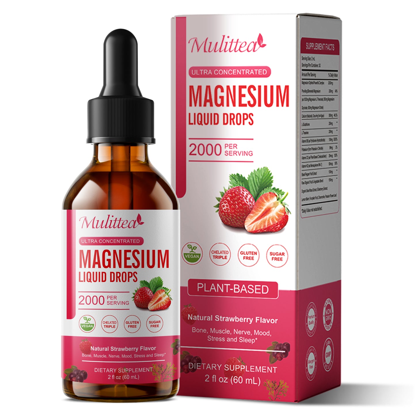 Mulittea Magnesium Liquid Drops 2000mg – Ultra Concentrated Magnesium Complex with D3, K2 & B6 | Natural Strawberry Flavor