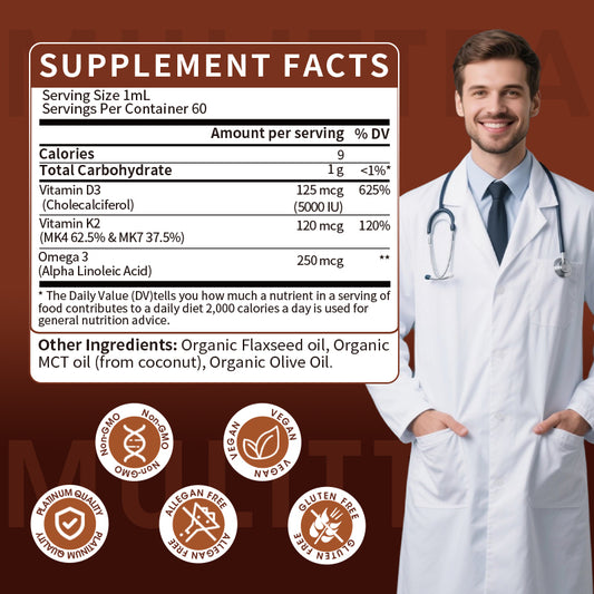 Mulittea® Vitamin D3 + K2 + Omega-3 Liquid Drops - 98% High Absorption - Plant-Based for Bone, Heart & Immune Support (2oz)