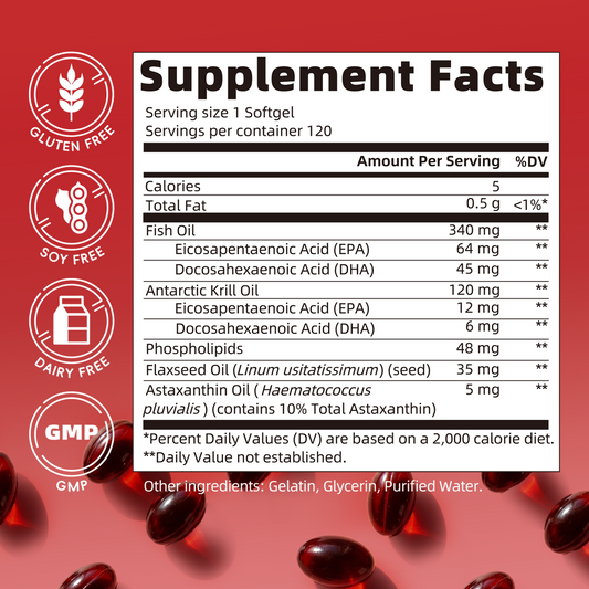 Mulittea Fish Oil + Krill Oil with EPA, DHA & Astaxanthin Supports Joint, Skin, Brain & Eye Health