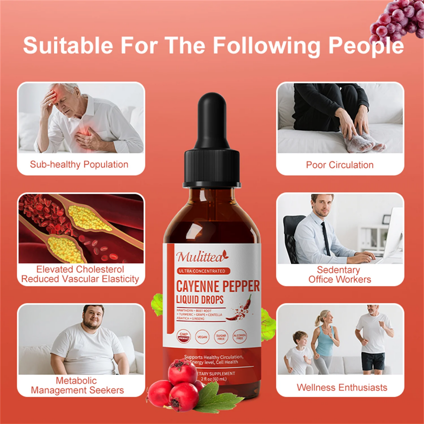 Cayenne Pepper Drops Supplement Liquid, Cayenne Pepper Extract with Hawthorn, Beet Root Powder, Turmeric Curcumin, Organic Ginseng, Garlic Extract, 1 Pack By Mulittea