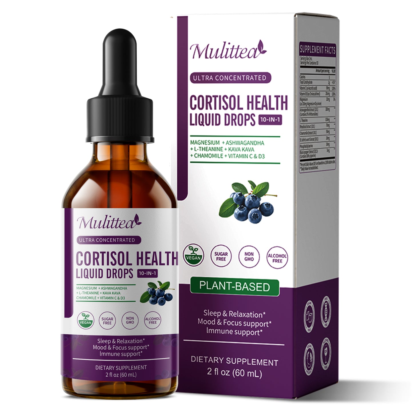 Cortisol Supplements for Women Men, Cortisol Reducer Detox Manager w/ Magnesium, Ashwagandha, L-theanine, Hormone Balance Liquid Drops Mood, Focus, Sleep Support - 2 Fl.oz, Blueberry Flavor