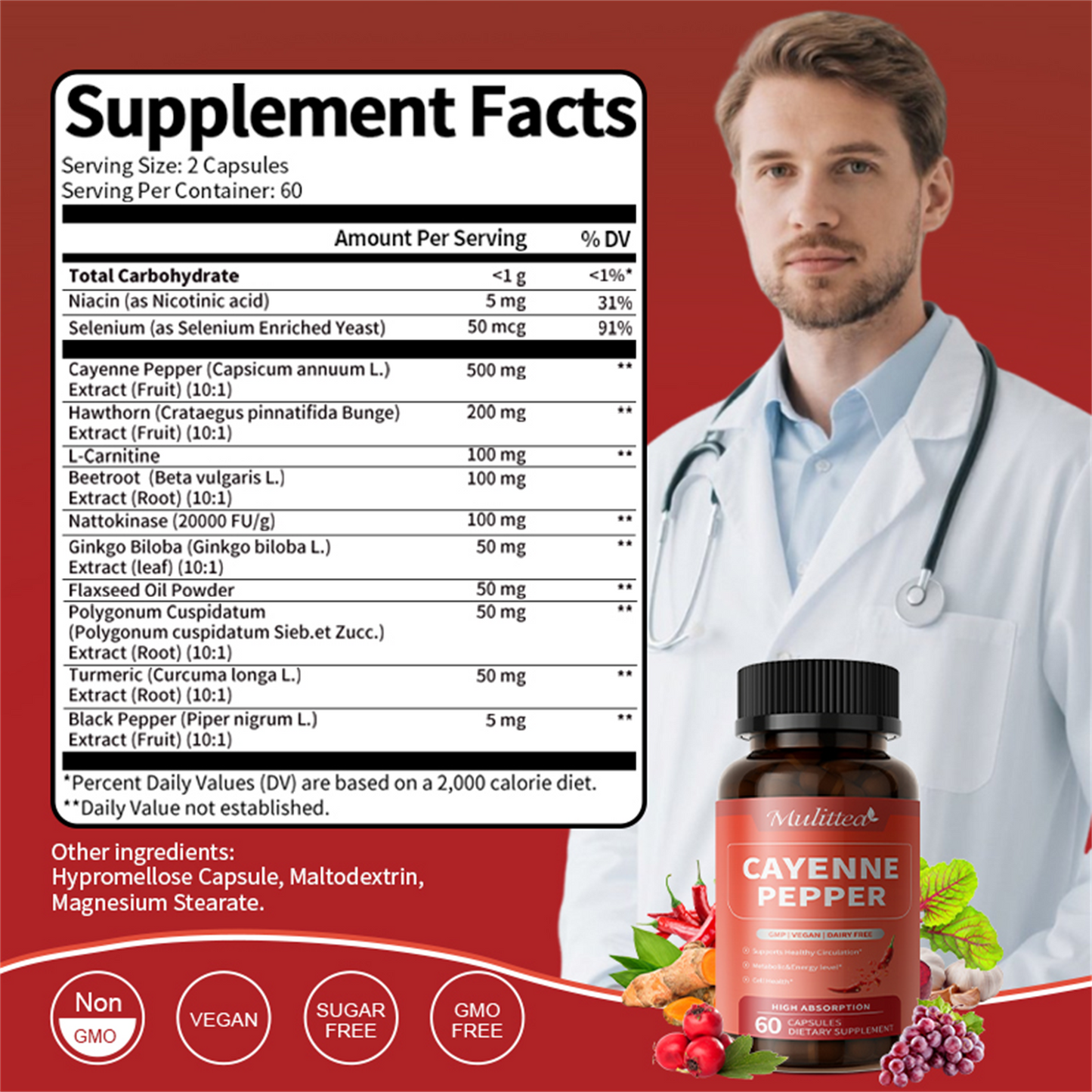 Advanced Heart & Blood Flow Support | 12-in-1 Formula with Nattokinase 20,000FU, Hawthorn, Cayenne Pepper | Non-GMO Vegan Capsules By Mulittea