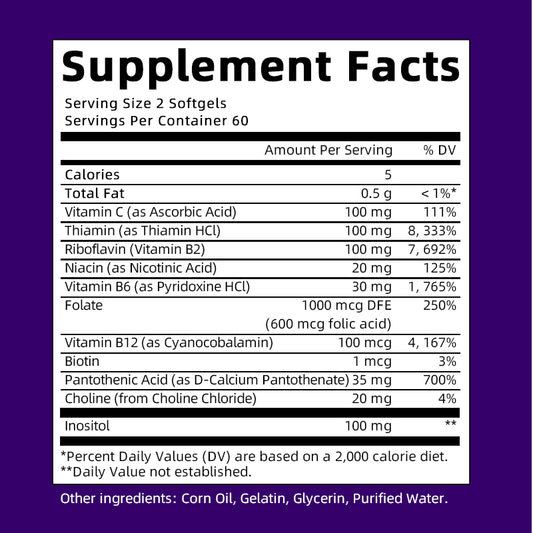 Vitamin B Complex Capsule (B12, B1, B2, B3, B5, B6, B7, B9, Folic Acid & Biotin) ,Reduce Stress & Supports Better Moods ,Assists Nervous System Health & Energy