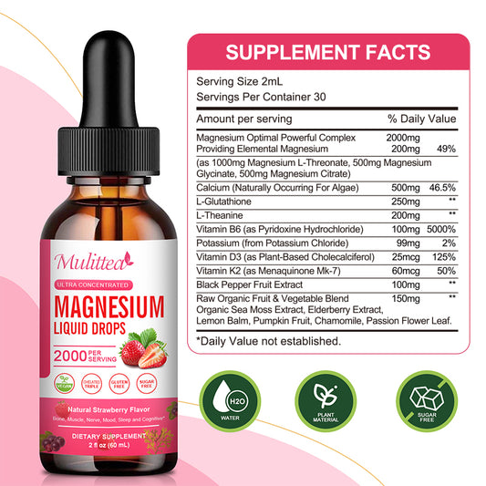 Mulittea Magnesium Liquid Drops 2000mg – Ultra Concentrated Magnesium Complex with D3, K2 & B6 | Natural Strawberry Flavor