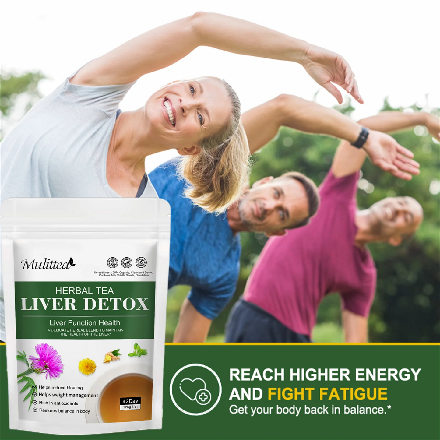 Mulittea Liver Detox Tea with Dandelion Root, Milk Thistle & Turmeric for Colon Liver Cleanse, Promote Metabolism, Support Gut Health, 42 Days Supply