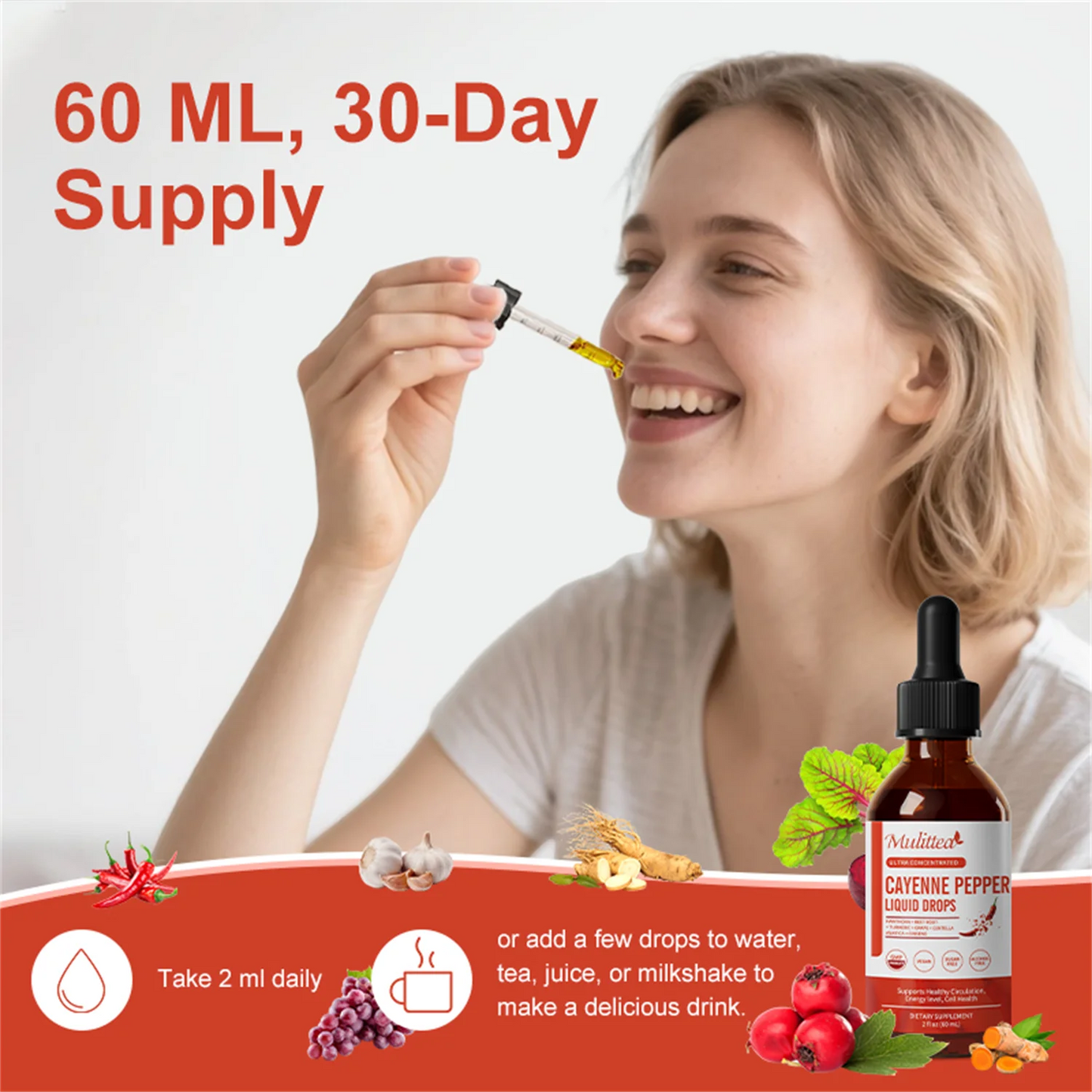 Cayenne Pepper Drops Supplement Liquid, Cayenne Pepper Extract with Hawthorn, Beet Root Powder, Turmeric Curcumin, Organic Ginseng, Garlic Extract, 1 Pack By Mulittea