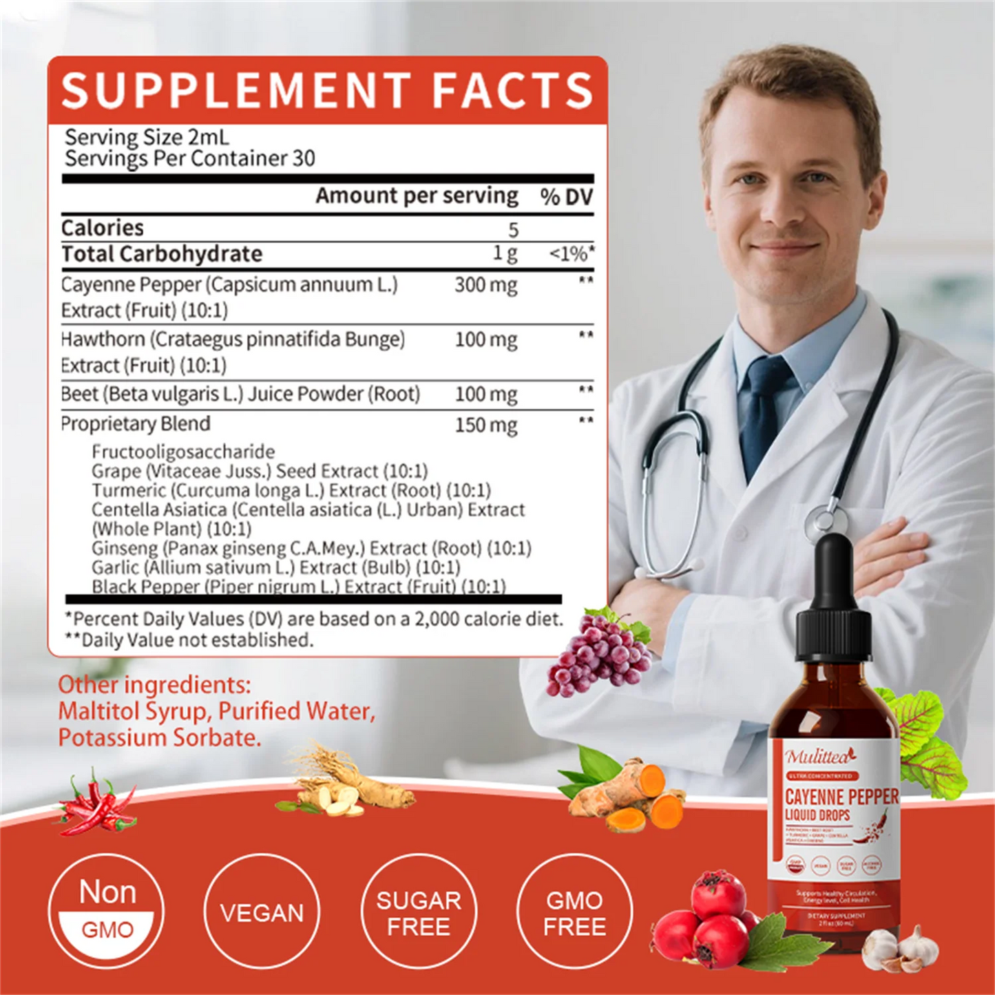 Cayenne Pepper Drops Supplement Liquid, Cayenne Pepper Extract with Hawthorn, Beet Root Powder, Turmeric Curcumin, Organic Ginseng, Garlic Extract, 1 Pack By Mulittea
