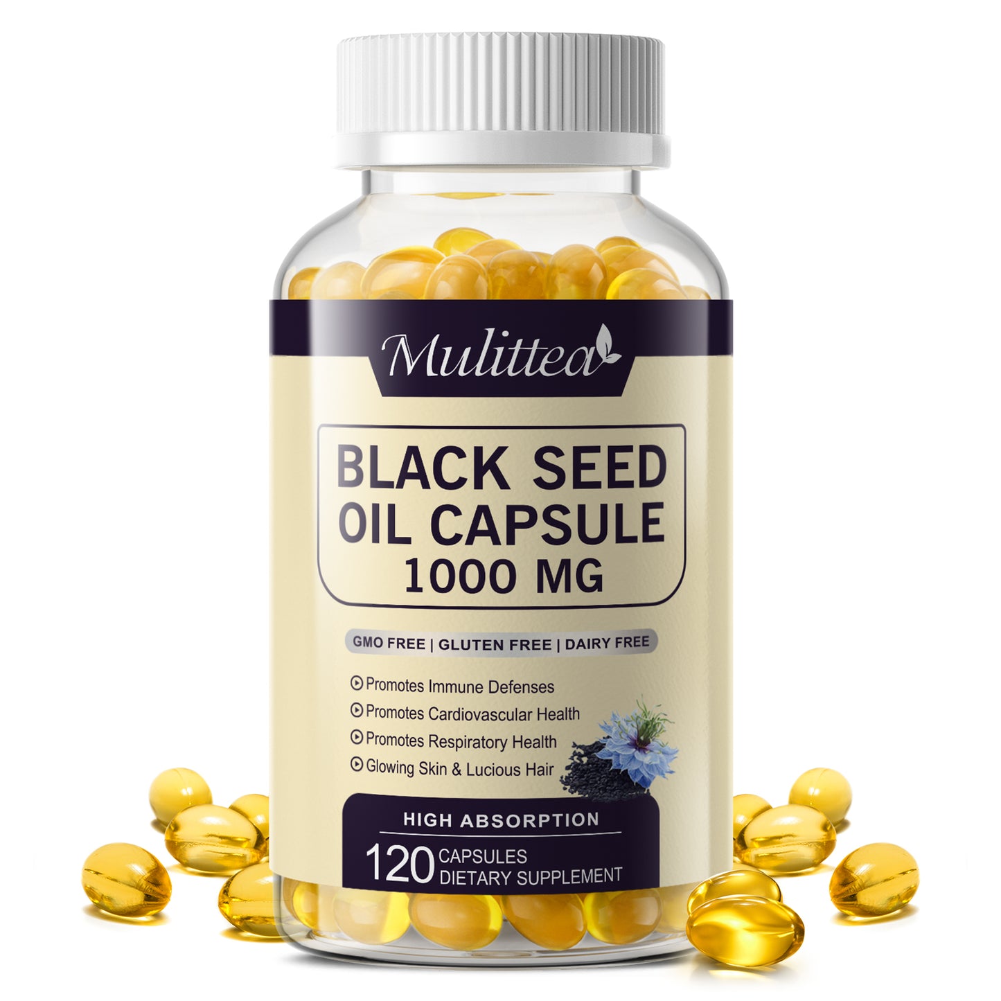 Mulittea Black Seed Oil 1000mg – Cold-Pressed Black Cumin Seed Oil Softgels | Non-GMO, Gluten-Free Omega 6 & 9 Capsules