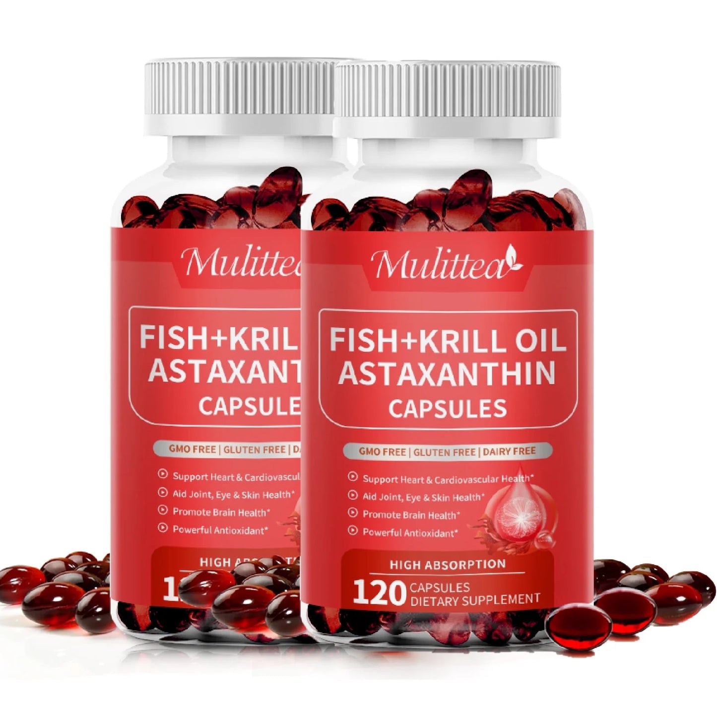 Mulittea Fish Oil + Krill Oil with EPA, DHA & Astaxanthin Supports Joint, Skin, Brain & Eye Health
