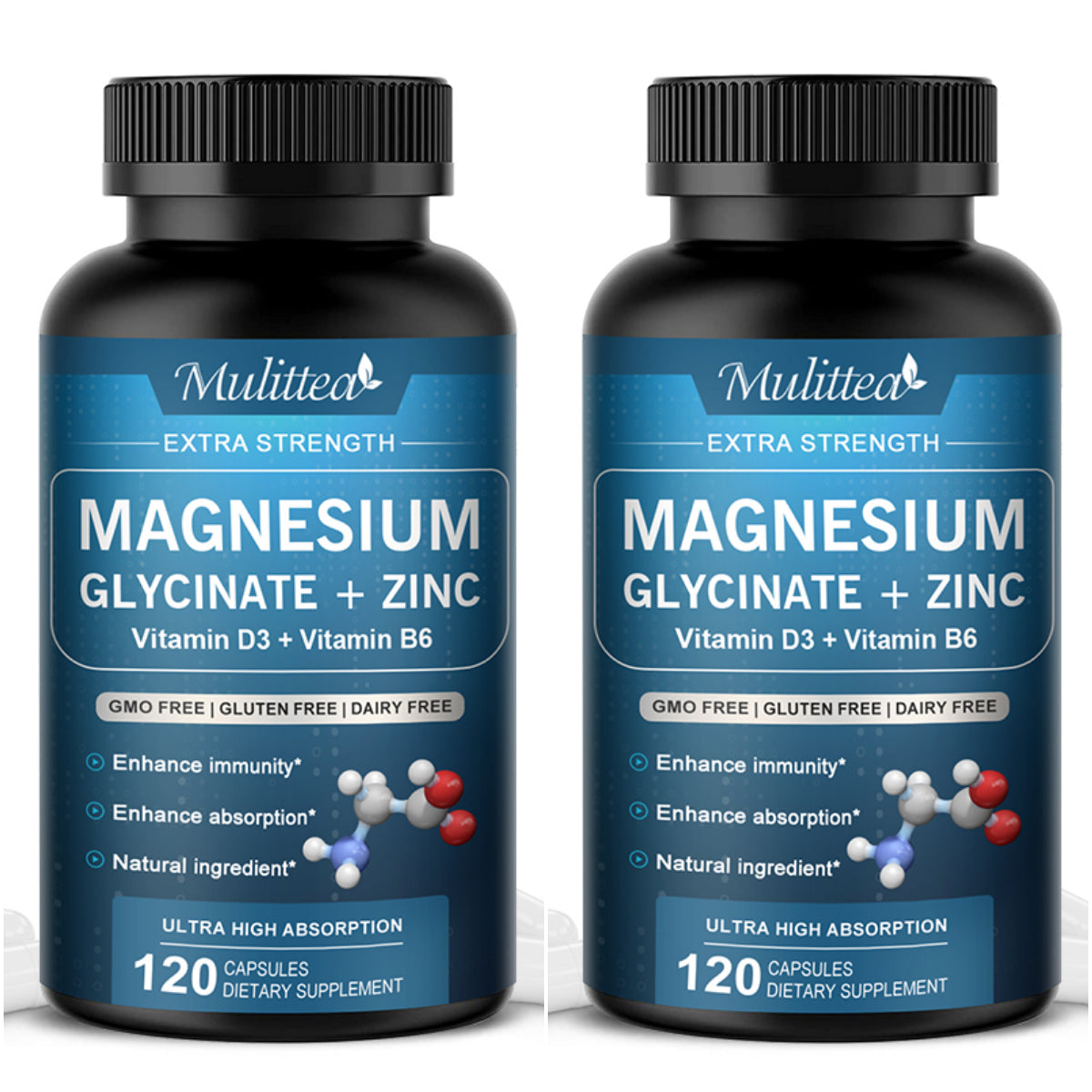 Mulittea Magnesium Glycinate 500mg Capsules with Zinc Vitamin D3 & B6 - Promotes Nerve, Bowel, Relaxation Function Vegan Capsules for Women & Men