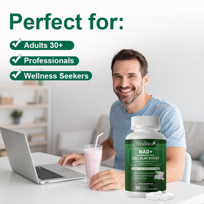 Mulittea Nicotinamide Riboside Complex Capsules with Quercetin, Resveratrol, NAD+ Supplement, 90 Vegan Capsules for Cellular Energy Support & Metabolic Health