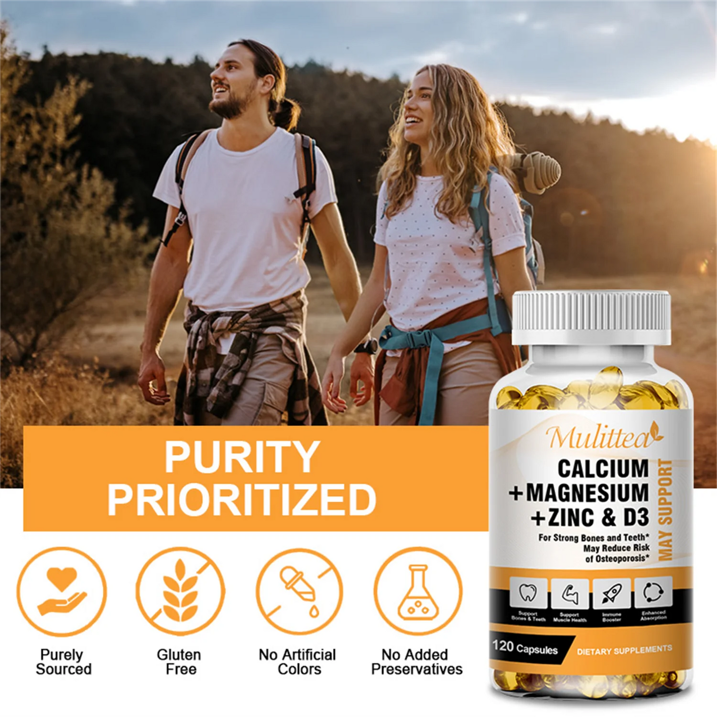 Mulittea Calcium Magnesium Zinc with Vitamin D3 Supplement, Strong Bones, Teeth & Heart, Easy to Swallow, 240 Capsules