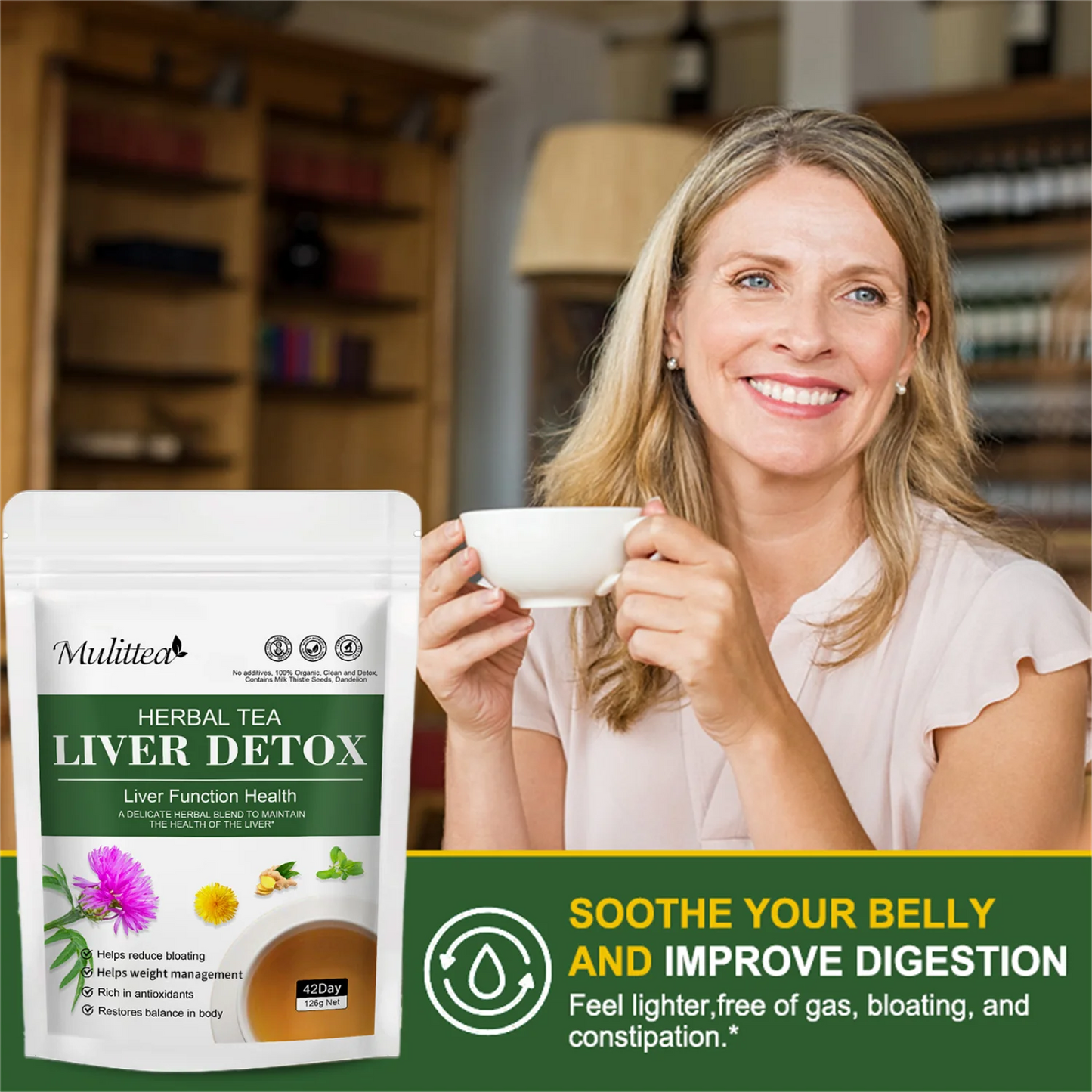 Mulittea Liver Detox Tea with Dandelion Root, Milk Thistle & Turmeric for Colon Liver Cleanse, Promote Metabolism, Support Gut Health, 42 Days Supply