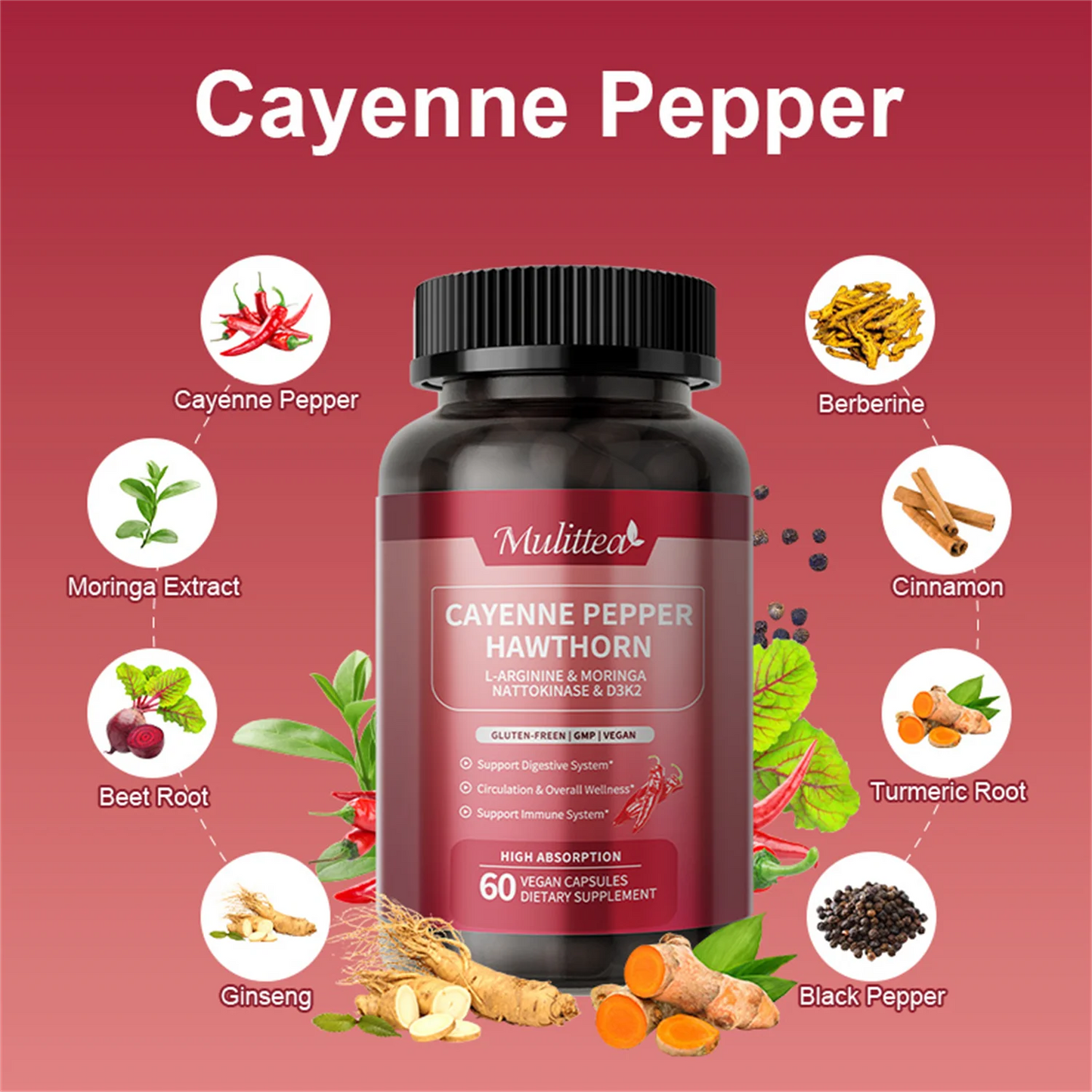 Cayenne Pepper Capsules | Cayenne Pepper Supplement with Moringa, Hawthorn, Ginseng, Red Yeast Rice+Nattokinase+Turmeric, Beetroot | Support Metabolism & Circulation Health (60 count, Non-GMO)
