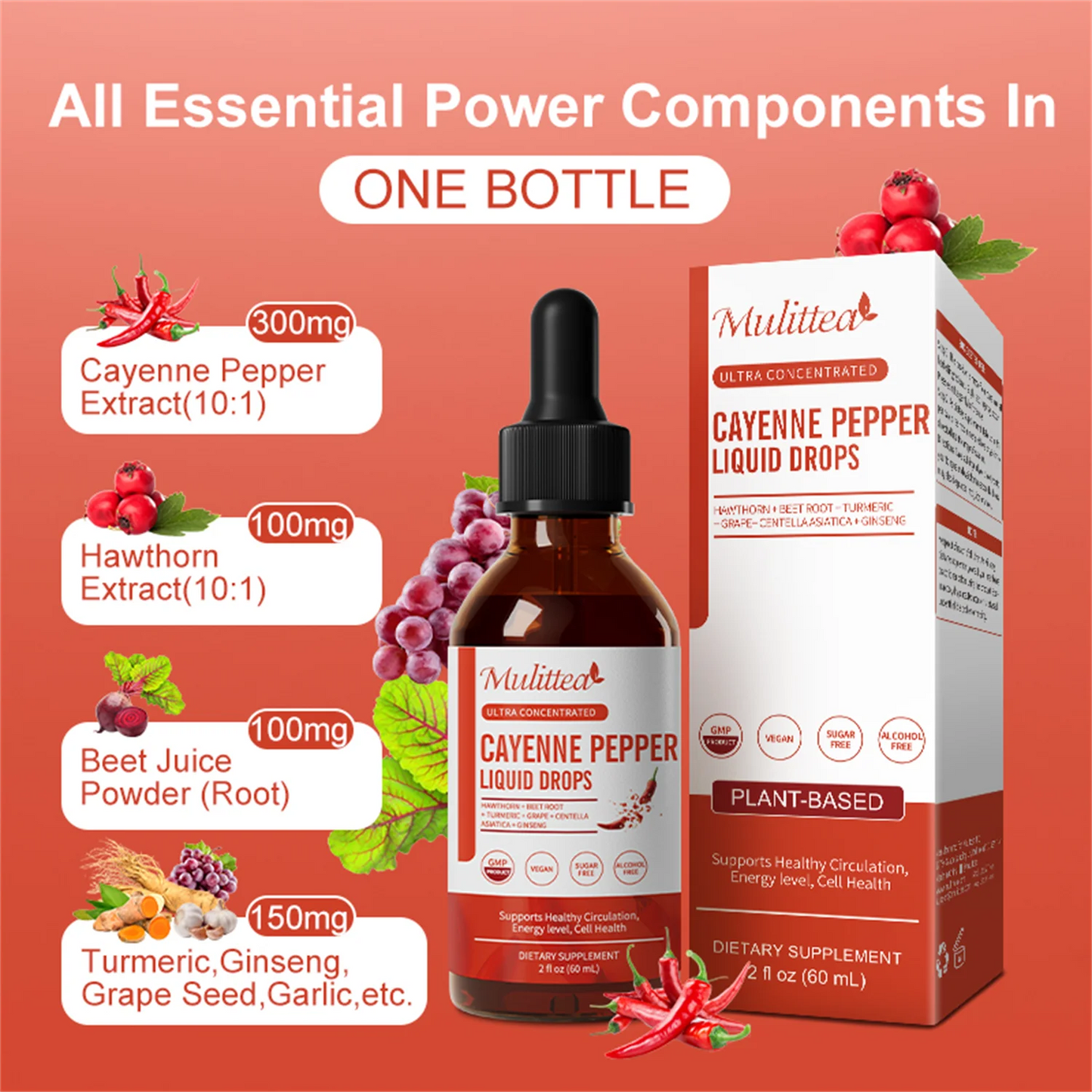 Cayenne Pepper Drops Supplement Liquid, Cayenne Pepper Extract with Hawthorn, Beet Root Powder, Turmeric Curcumin, Organic Ginseng, Garlic Extract, 1 Pack By Mulittea