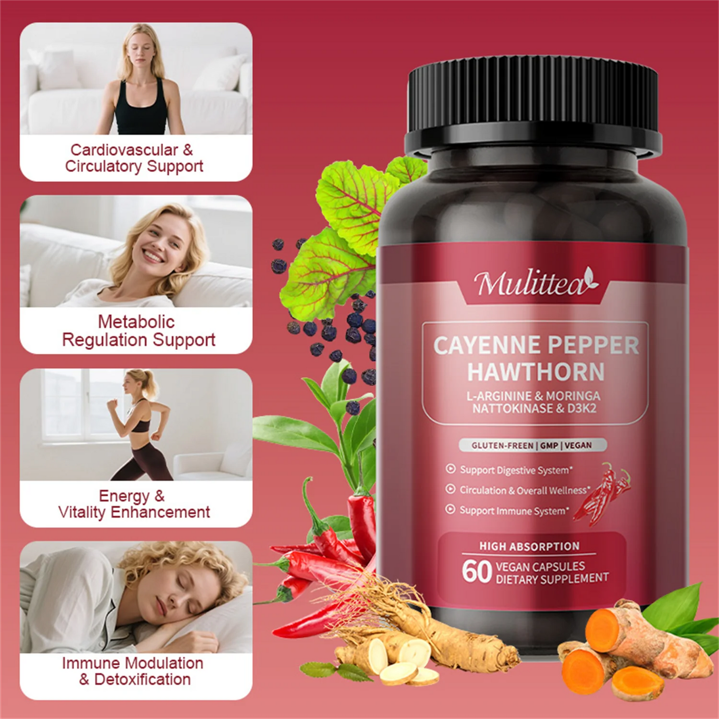 Cayenne Pepper Capsules | Cayenne Pepper Supplement with Moringa, Hawthorn, Ginseng, Red Yeast Rice+Nattokinase+Turmeric, Beetroot | Support Metabolism & Circulation Health (60 count, Non-GMO)