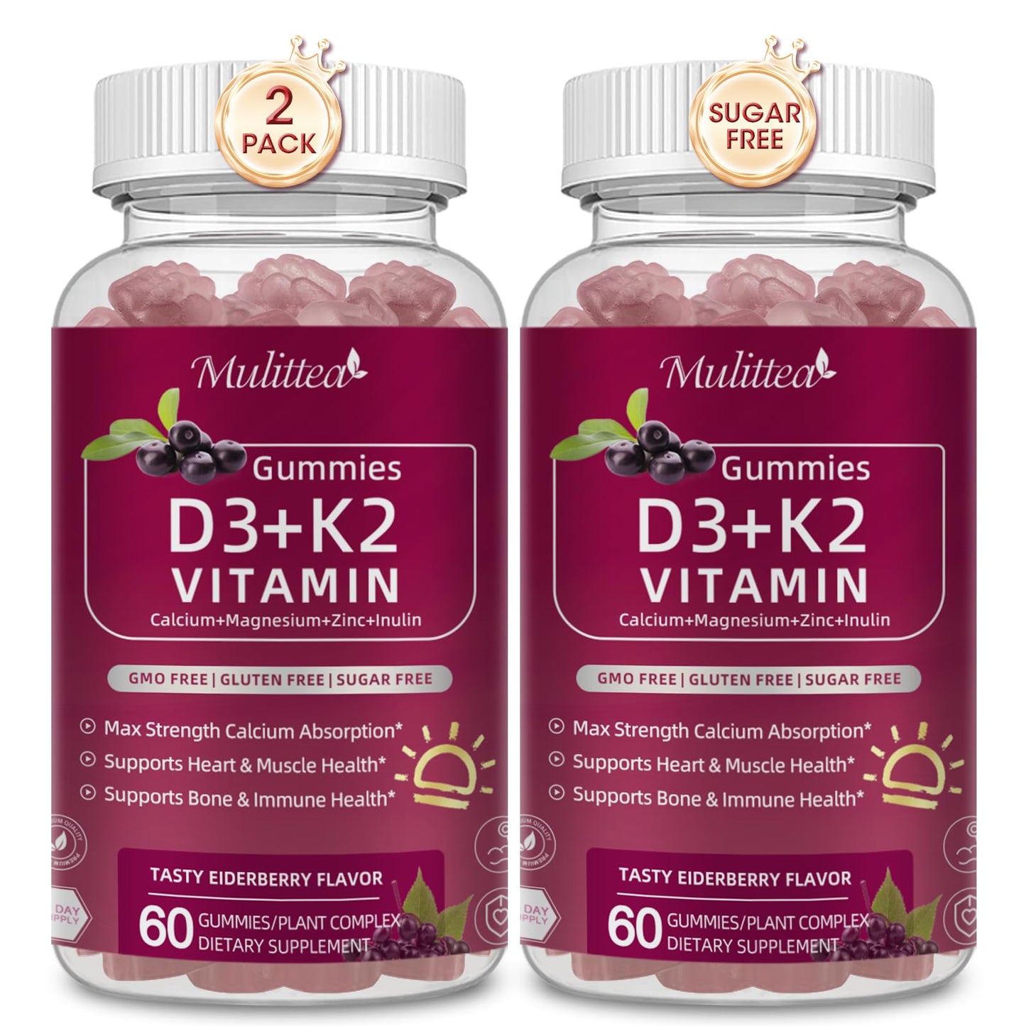 Vitamin D3 K2 Gummies 10,000 IU with Calcium, Magnesium, Zinc & Inulin – Sugar-Free, Elderberry Flavor – 2 Pack