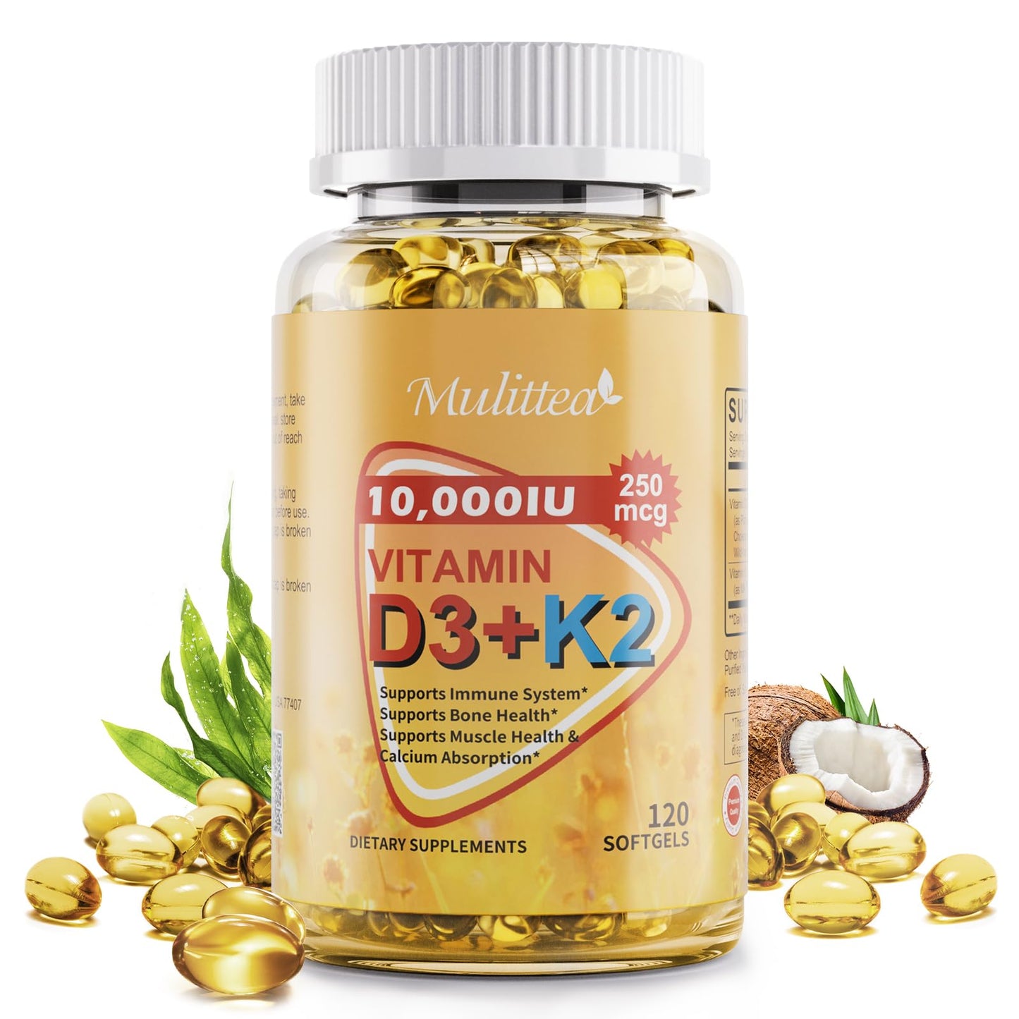 Vitamin D3 K2 Bone & Heart Health Formula – 10,000 IU Vitamin D3 & 200 mcg K2 (MK7) – Max Strength 2-in-1 Immune Support & Calcium Absorption – Gluten-Free, Coconut Oil Softgels