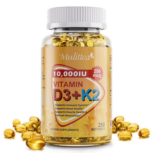 Vitamin D3 K2 Bone & Heart Health Formula – 10,000 IU Vitamin D3 & 200 mcg K2 (MK7) – Max Strength 2-in-1 Immune Support & Calcium Absorption – Gluten-Free, Coconut Oil Softgels